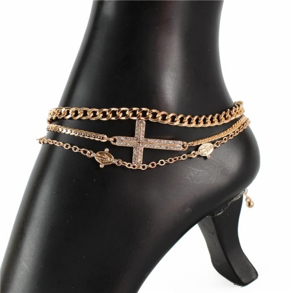 Gold Chain Virgin Mary Sideways Cross Pendant Rhinestone Layered Anklet Metal - Picture 3 of 3